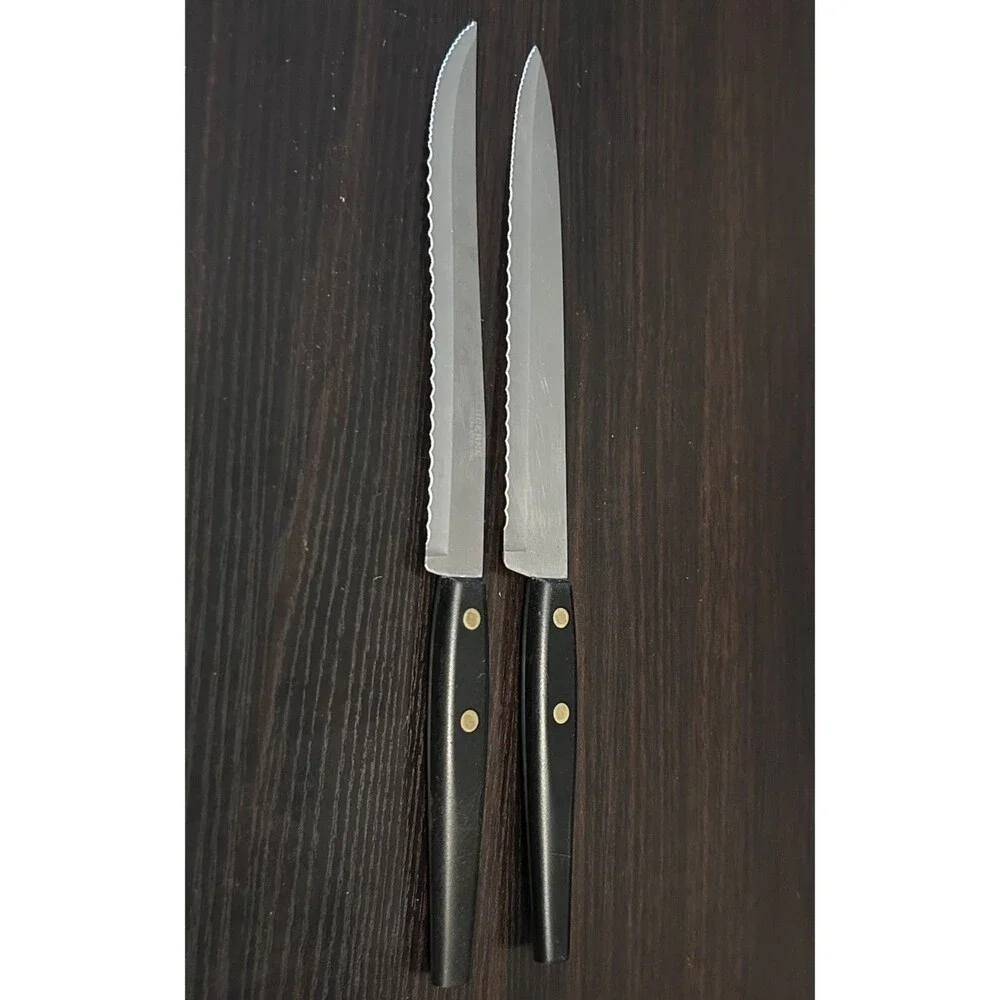 Lot of 2 Lucerne Stainless Steel Serrated Steak Knives Black Rivet Handles USA